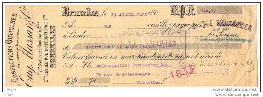 BELGIQUE, CHEQUE DE BANQUE D´ OUTREMERE, BRUXELLES 31.07.1921. ( JNF101) - Autres & Non Classés