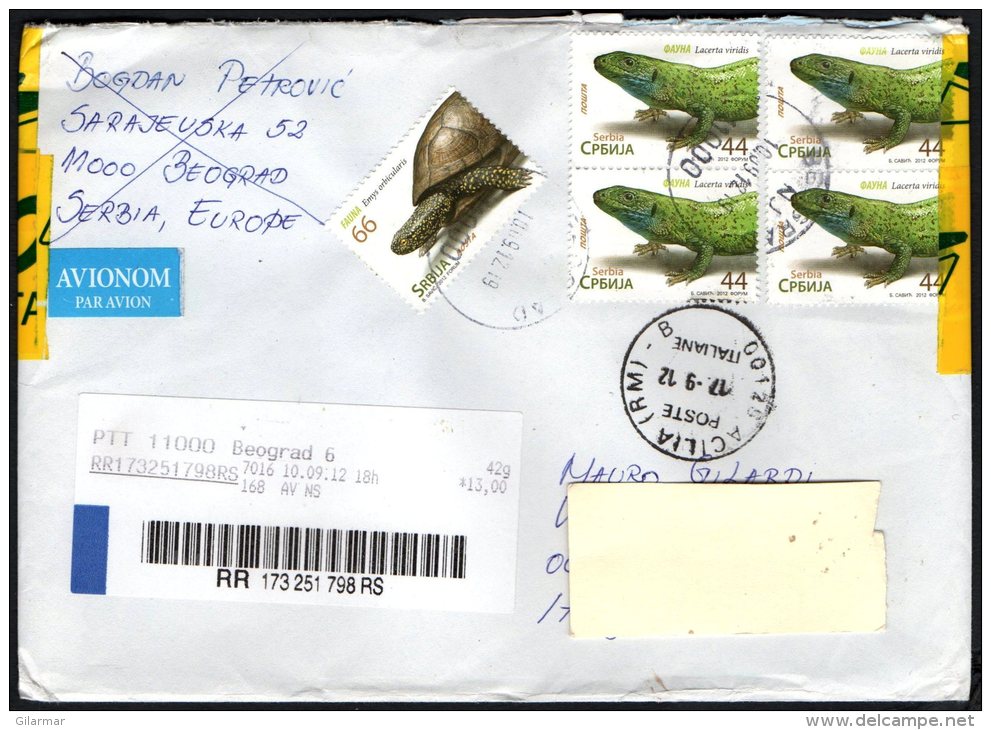 SERBIA 2012 - REGISTERED - FAUNA STAMPS - TURTLE / GREEN LIZARD - Tortues