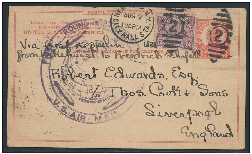 United States, Scott #UX37 Postal Card With Scott #570, Sent 1928  By Graf Zeppelin From New York To England - Postal History
