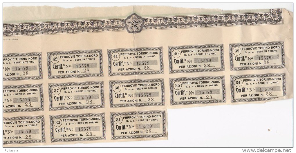 C01016 - CERTIFICATO AL PORTATORE - AZIONI - FERROVIE TORINO-NORD 1943 - Chemin De Fer & Tramway