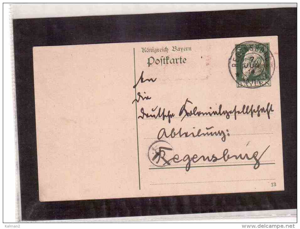 DE508   -   GERMANY-BAYERN   POSTAL HISTORY   -   POSTKARTE   MICHEL NR. P.87     -     REGENSBURG  7.6.1914 - Postal  Stationery