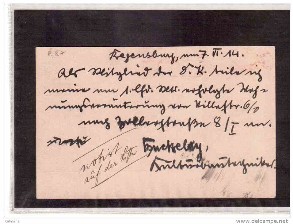 DE508   -   GERMANY-BAYERN   POSTAL HISTORY   -   POSTKARTE   MICHEL NR. P.87     -     REGENSBURG  7.6.1914 - Postal  Stationery