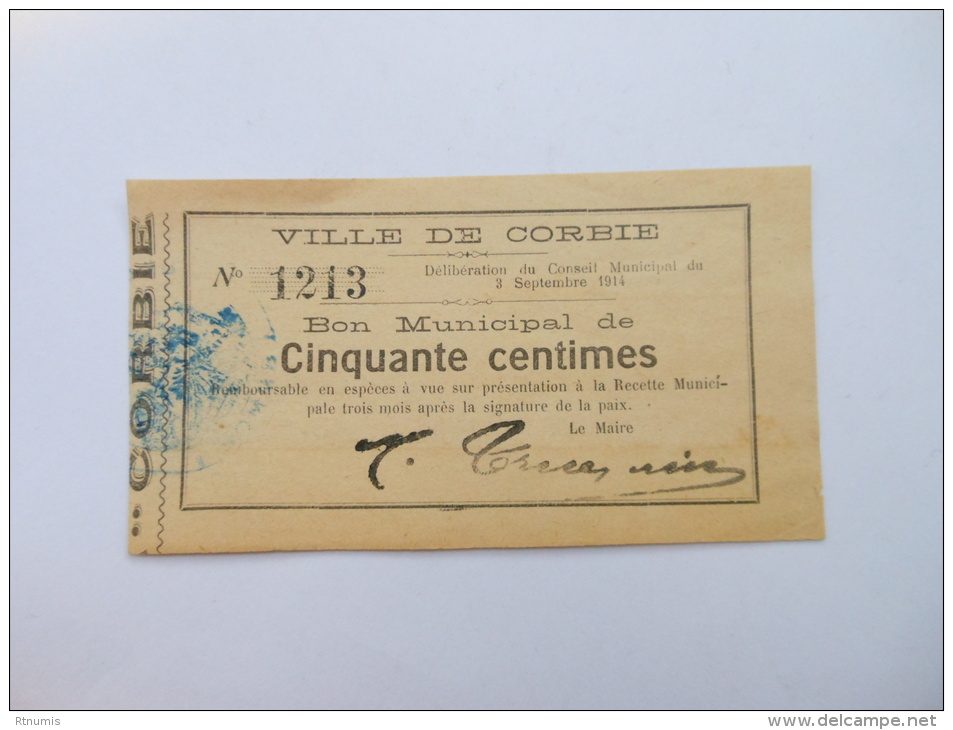 Somme 80 Corbie , 1ère Guerre Mondiale 50 Centimes 3-9-1914 - Bons & Nécessité