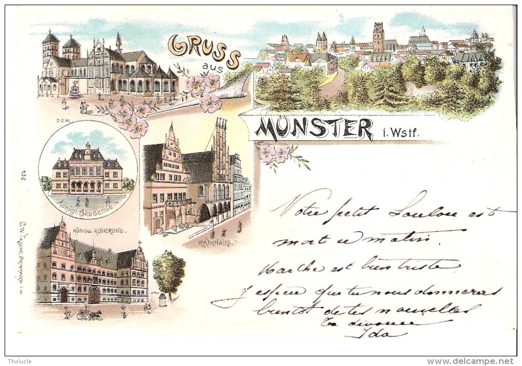 Lithographie-Gruss Aus Münster (Muenster-Westphalie-Allemagne)-+/- 1900-DOM-Königl.Akademie-Regierung-Rathhaus- - Münster