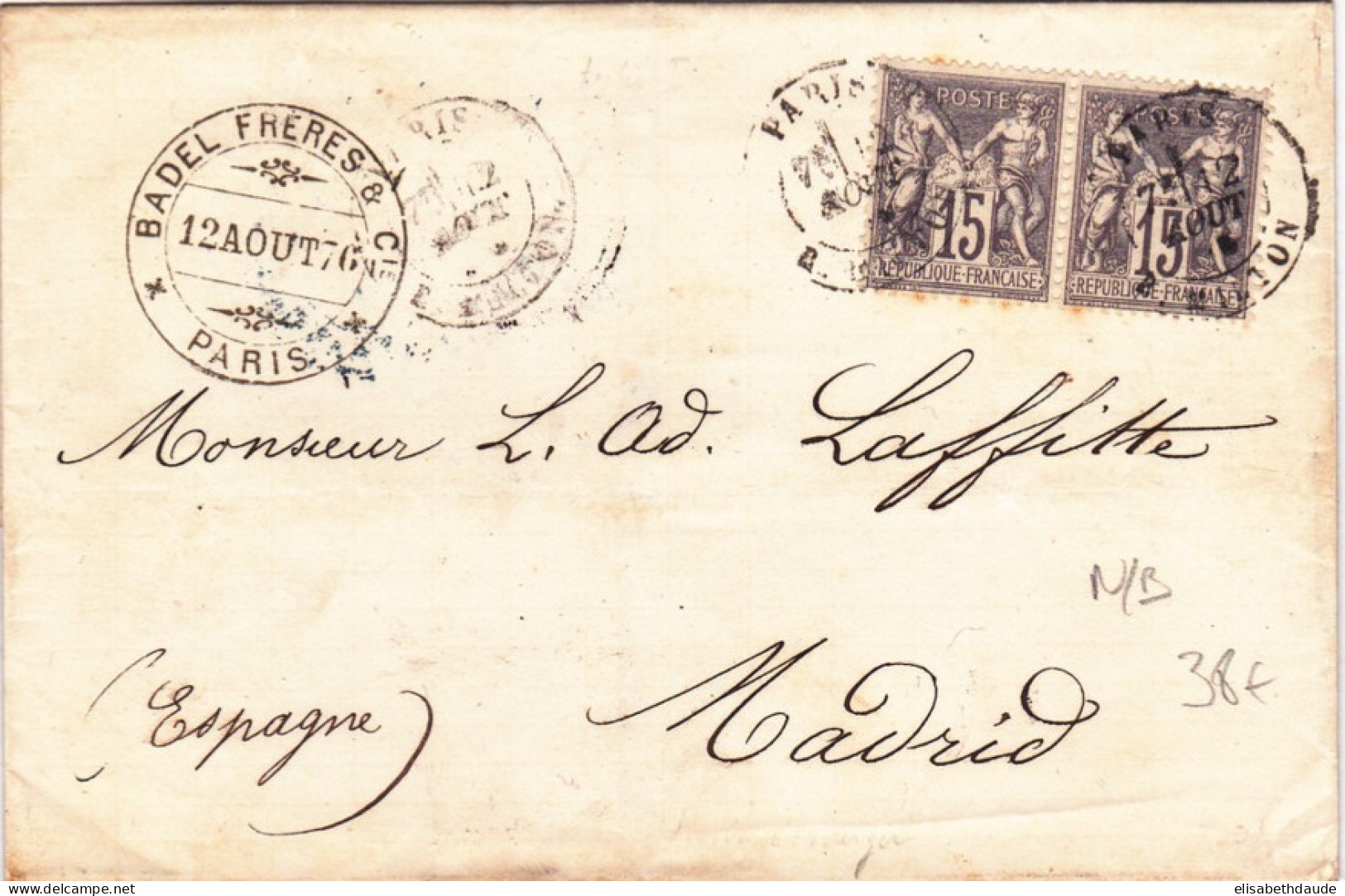 SAGE N/B - 1876 - YVERT N°66 Sur LETTRE De PARIS Pour MADRID (ESPAGNE) - 1876-1878 Sage (Type I)