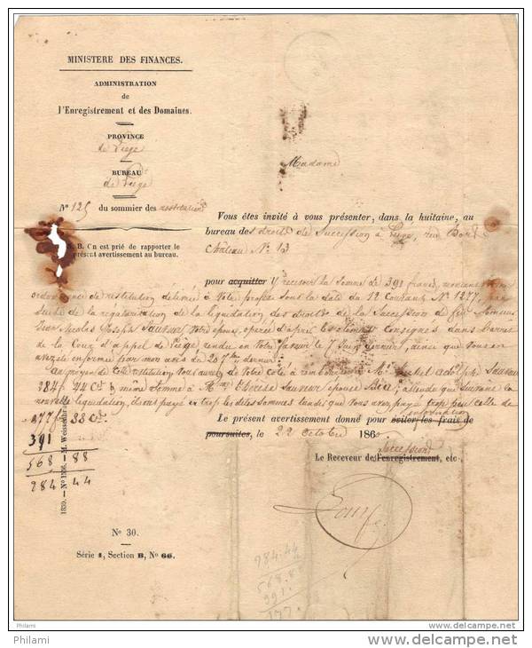 BELGIQUE, MINISTERE DES FINANCES, ADMINISTRATION De L´ ENREGISTREMENT Et Des DOMAINES, LIEGE Octobre 1860. (682_JNL41) - Documents Historiques