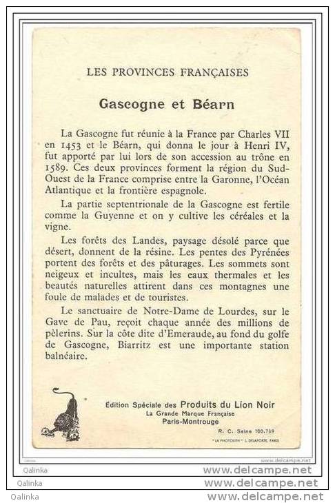 Chromo Image Pub Cirage Lion Noir Provinces Françaises Gascogne Bearn Pau Auch Pyrénées Biarritz Guyenne Format Carte Po - Autres & Non Classés