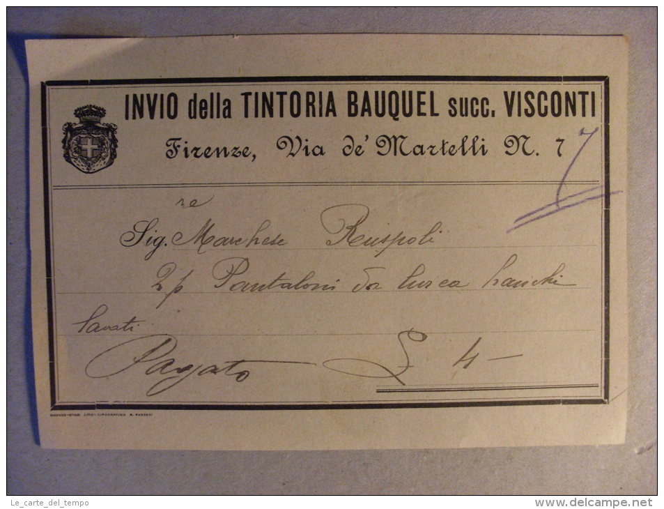 Scontrino/fattura INVIO DELLA TINTORIA BAUQUEL Succ.VISCONTI - Firenze. Primi'900 - Italia