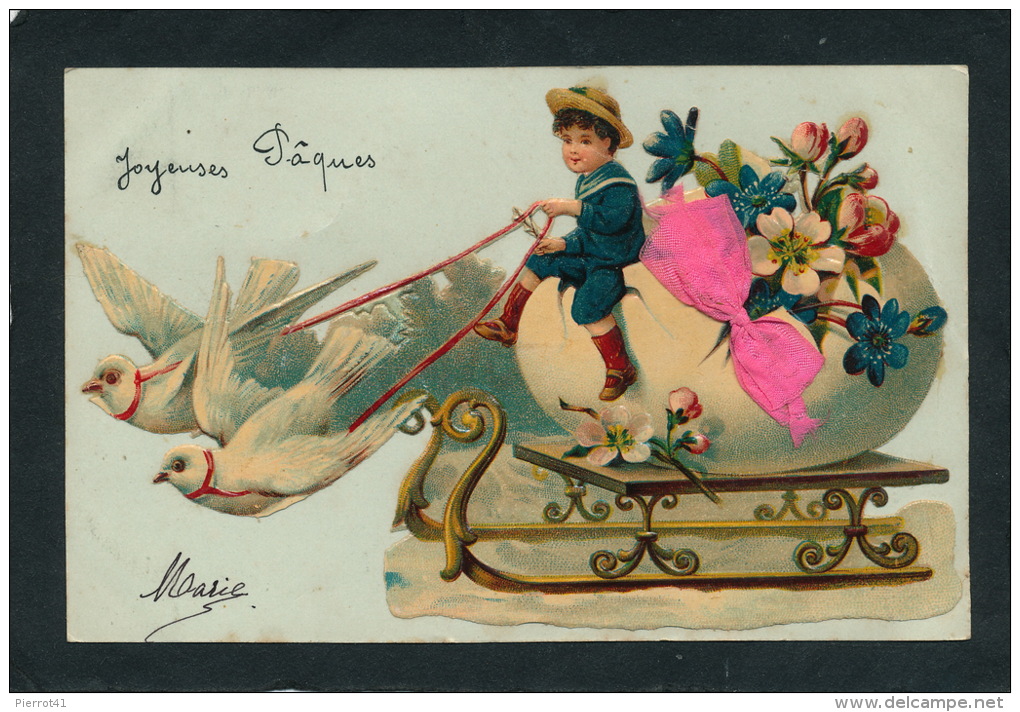 PAQUES - Jolie Carte Fantaisie Avec Ajoutis Traîneau Tiré Par Colombes Portant Oeuf Fleurs Et Enfant  "Joyeuses Pâques" - Pasen