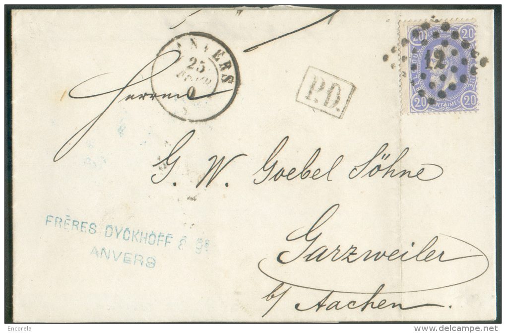N°31 - 20 Centimes Bleu, Obl. LP 12 Sur Lettre D'ANVERS Le 25 Février 1870 Vers Grazweiler ((Aachen) + (verso) Griffe Bl - Officinas De Paso