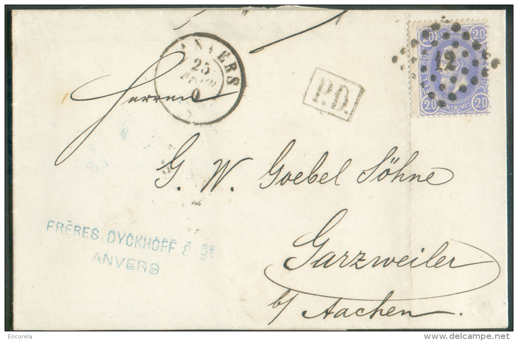 N°31 - 20 Centimes Bleu, Obl. LP 12 Sur Lettre D'ANVERS Le 25 Février 1870 Vers Grazweiler ((Aachen) + (verso) Griffe Bl - Grenzübergangsstellen