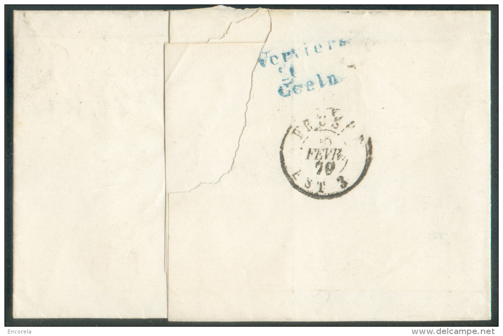 N°31 - 20 Centimes Bleu, Obl. LP 12 Sur Lettre D'ANVERS Le 25 Février 1870 Vers Grazweiler ((Aachen) + (verso) Griffe Bl - Grenzübergangsstellen