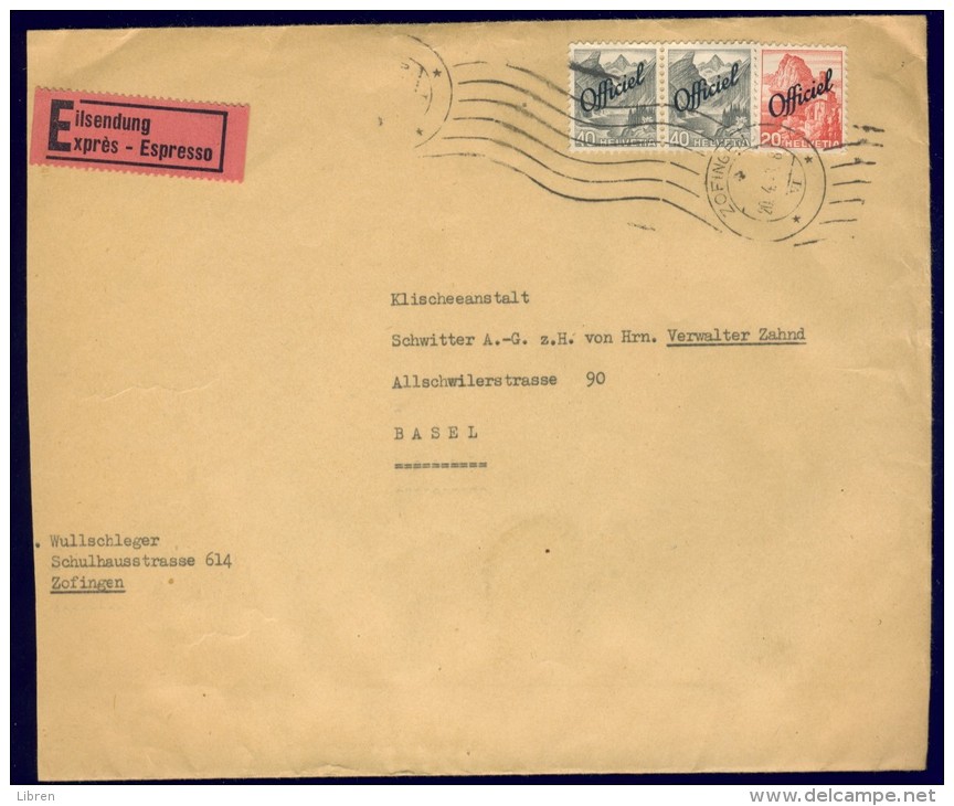 DV3-079 SUISSE, SWITZERLAND 1948 EXPRES LETTRE FROM ZOFINGEN TO BASEL. LEFT SIDE OPENED. BACKSIDE SEE BELOW. - Officials