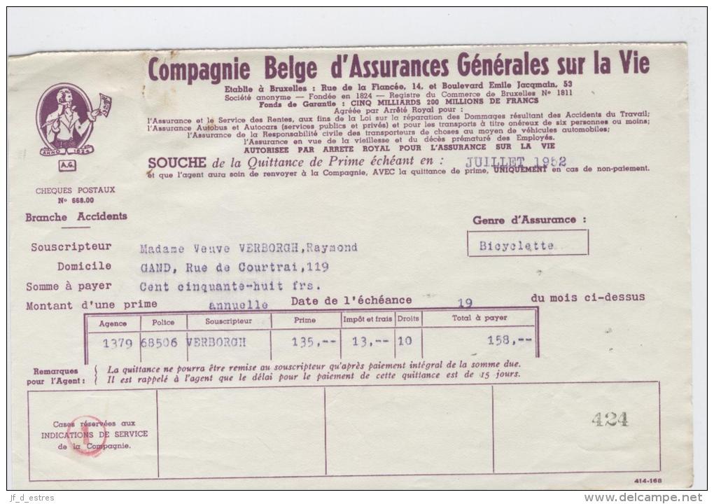 AG Souche Quittance Prime Bicyclette Mme Verborgh Gand Juillet 1950-1952 - Banque & Assurance