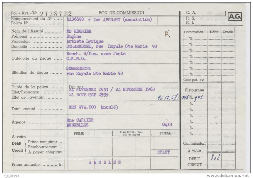 AG Bon De Commission Annulation Assurance Eugène Regnier Artiste Lyrique Schaerbeek 1955 - Bank & Versicherung