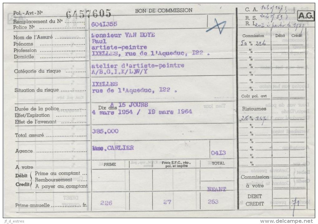 AG Bon De Commission Prime Assurance Paul Van Hoye Artiste Peintre Ixelles 1954 - Banco & Caja De Ahorros