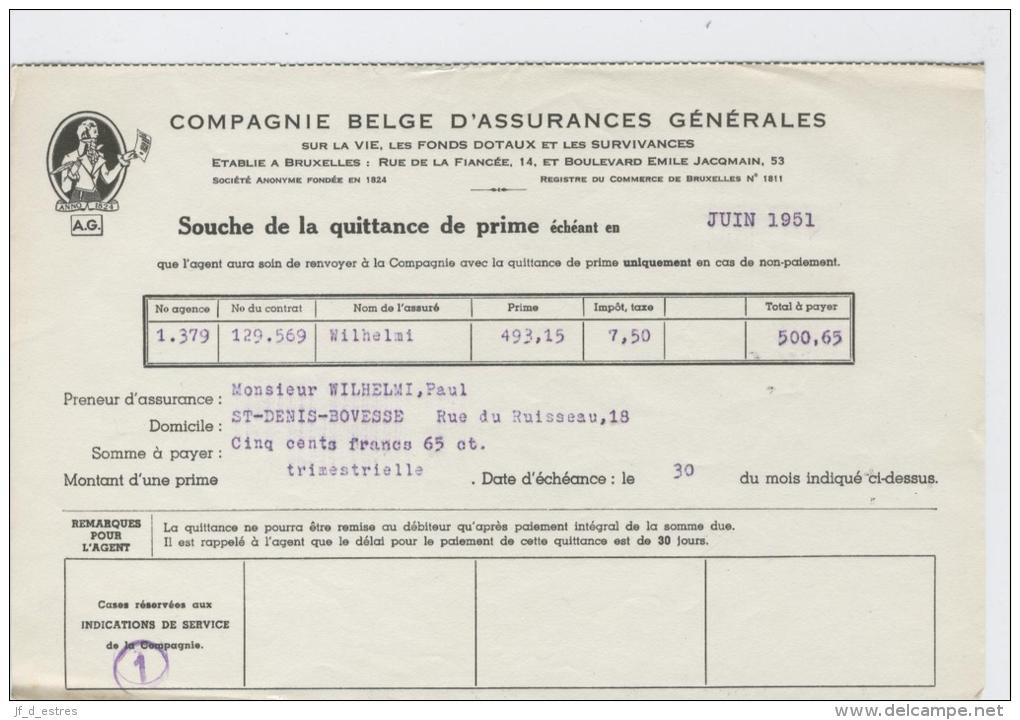 AG Souche Quittance Prime Paul Wilhelmi St Denis Bovesse Juin 1951 - Bank & Insurance