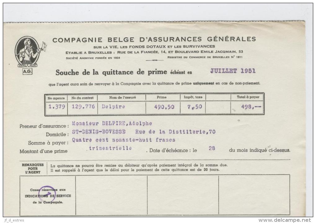 AG Souche Quittance Prime Delpire Adolphe St Denis Bovesse Juillet 1951 - Banque & Assurance