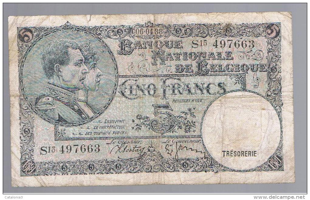 BELGICA - 5 Francs  1938  P-108 - Zu Identifizieren