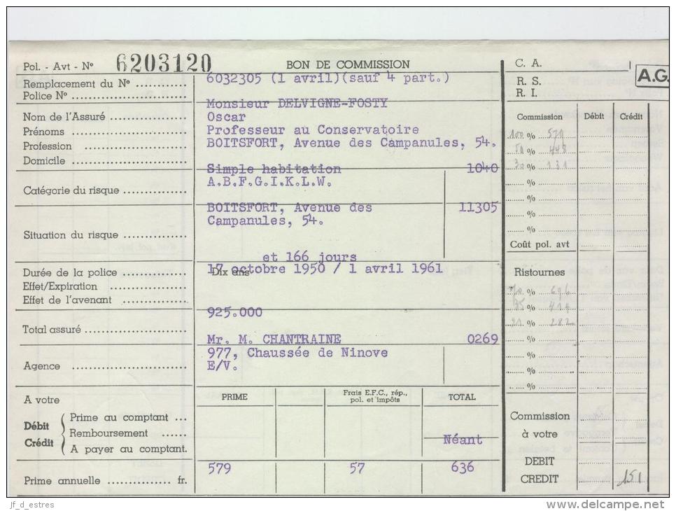 AG Bons De Commission Assurance Maison Delvigne-Fosty Oscar, Boitsfort, 1950 - Bank & Insurance