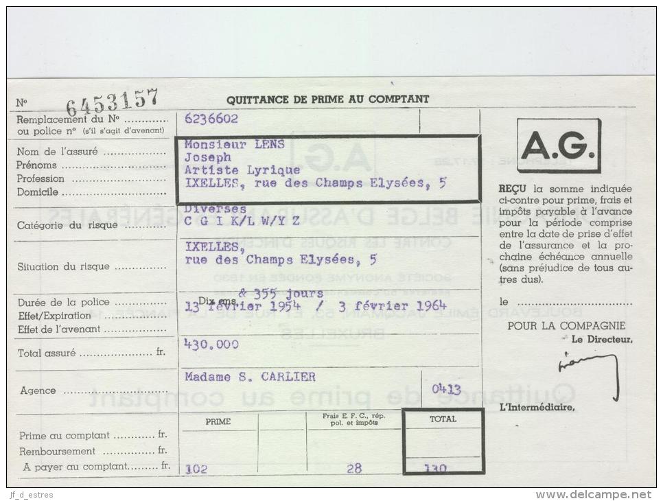 AG Quittance Prime Lens Joseph Artiste Lyrique, Ixelles 1954 - Bank En Verzekering