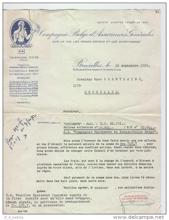 AG Lettre De Suite Judiciaire Pour Défaut De Prime Cie Marchande Et Industrielle Belge 1952 - Bank En Verzekering