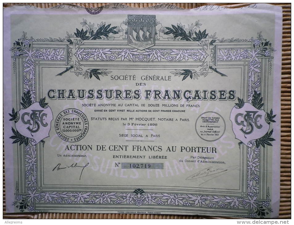 Action De 100 F  Chaussures Françaises   1927 - Other & Unclassified