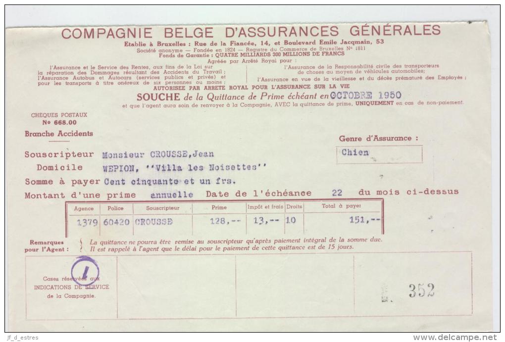 AG Souches Quittances Primes MM. Jean Crousse-Van Rintal Namur 1950-1952 - Banque & Assurance