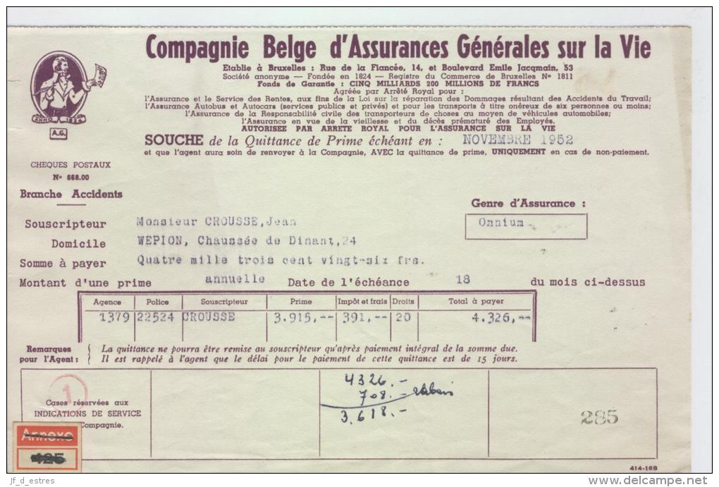 AG Souches Quittances Primes MM. Jean Crousse-Van Rintal Namur 1950-1952 - Banque & Assurance