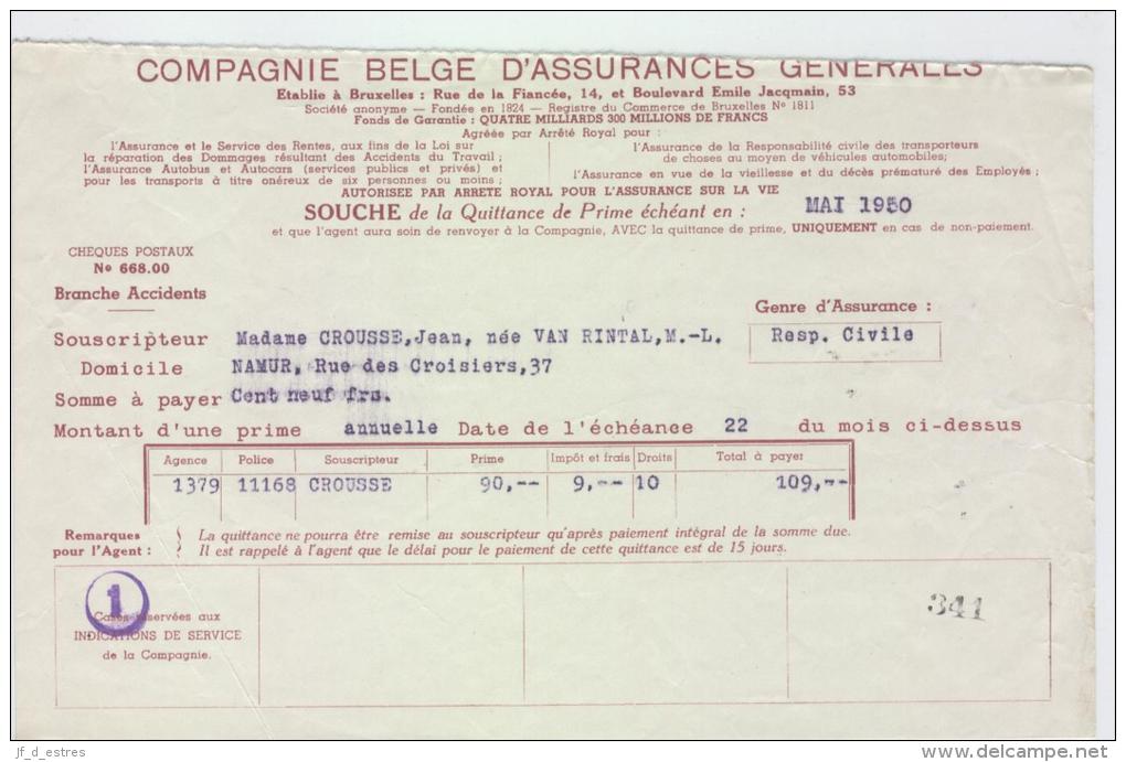 AG Souches Quittances Primes MM. Jean Crousse-Van Rintal Namur 1950-1952 - Bank & Versicherung