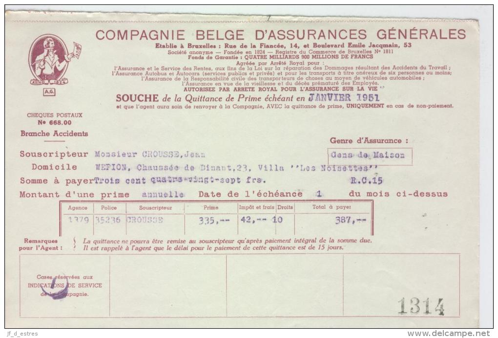 AG Souches Quittances Primes MM. Jean Crousse-Van Rintal Namur 1950-1952 - Bank & Insurance
