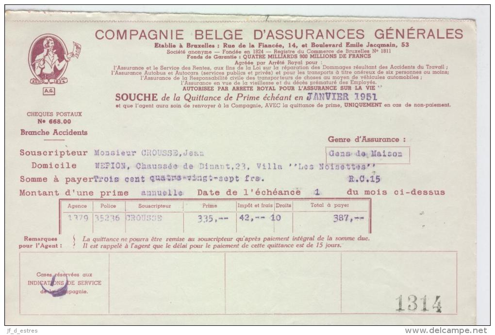 AG Souches Quittances Primes MM. Jean Crousse-Van Rintal Namur 1950-1952 - Banque & Assurance