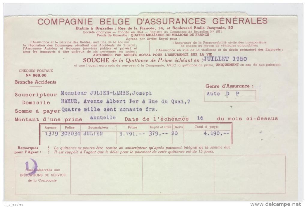 AG Souches Quittances Primes Auto, Julien-Lambe, Joseph, Namur 1950 - Bank En Verzekering