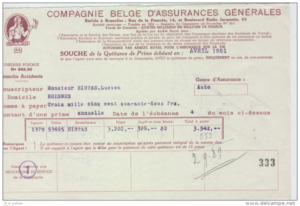 AG Souches Quittances Primes , Histas Lucien, Rhisnes 1950-1951 - Bank En Verzekering