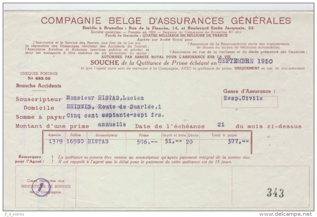 AG Souches Quittances Primes , Histas Lucien, Rhisnes 1950-1951 - Banque & Assurance