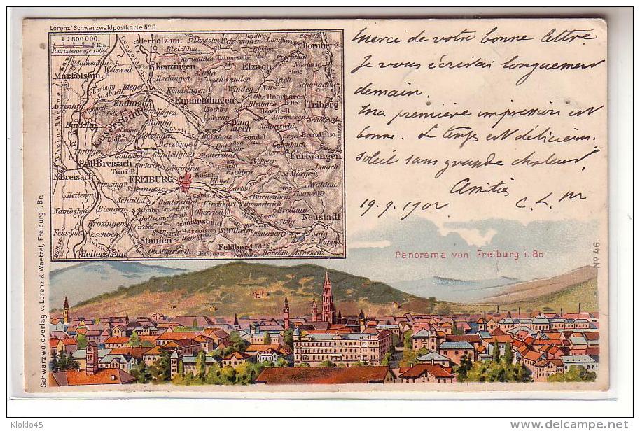Allemagne - Panorama Von Freiburg I Br Dessin Couleur Et Carte Géographique N° 2 Situant La Ville - CPA Précurseur - Badenweiler
