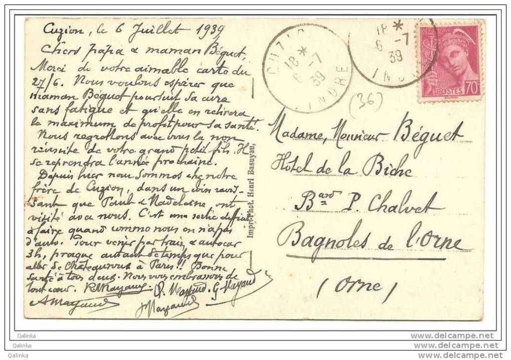 Cuzion Recto-Verso Vue Panoramique Du Barrage D´Eguzon Cachet Poste Cuzion 6 Juillet 1939, Timbre Mercure 70c Lilas-rose - Autres & Non Classés