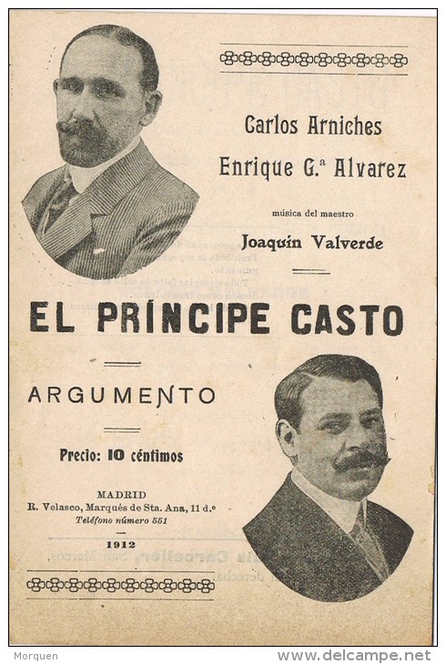 Programa Argumento EL PRINCIPE CASTO De Arniches. Madrid 1912 - Programas