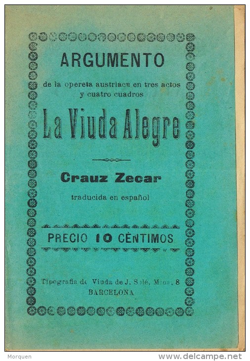 Programa Opereta LA VIUDA ALEGRE De Crauz Zecar, Barcelona 1912 - Programas