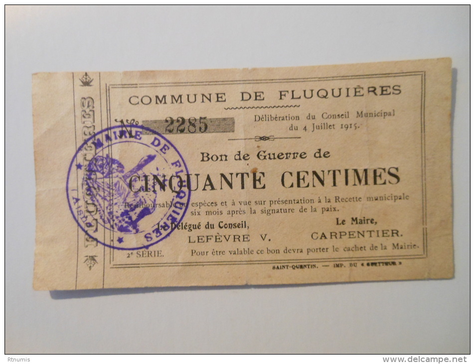 Aisne 02 Fluquières , 1ère Guerre Mondiale 50 Centimes 4-7-1915 R - Bons & Nécessité
