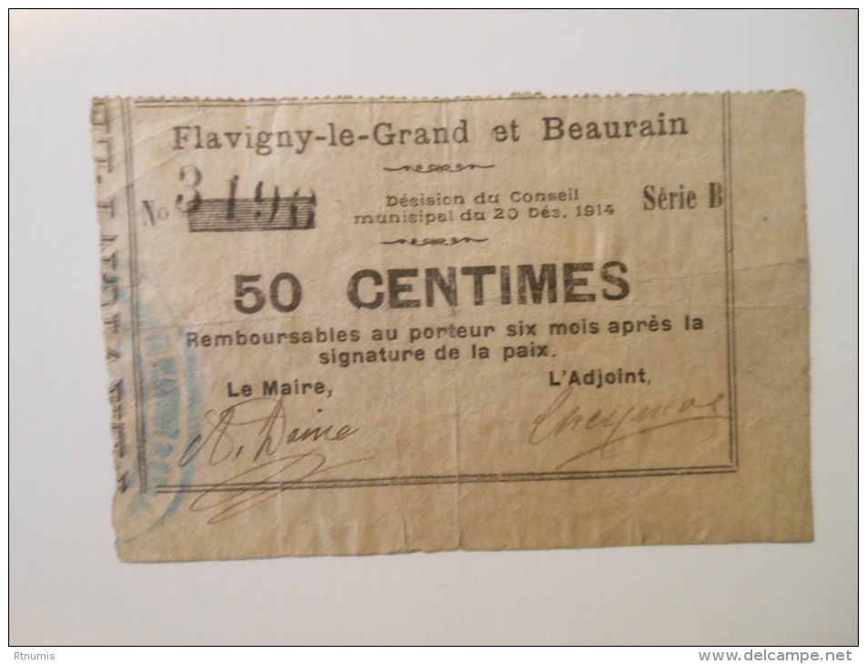 Aisne 02 Flavigny-le-Grand Et Beaurain , 1ère Guerre Mondiale 50 Centimes 20-12-1914 R - Bons & Nécessité