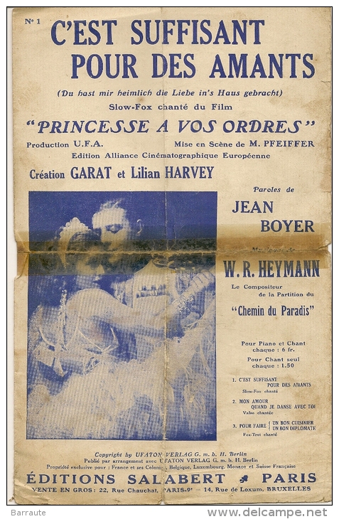 Partition Affichette 1931 C'EST SUFFISANT Pour Des AMANTS Du Film Pricesse A Vos Ordres  Paroles Jean BOYER - Compositeurs De Musique De Film