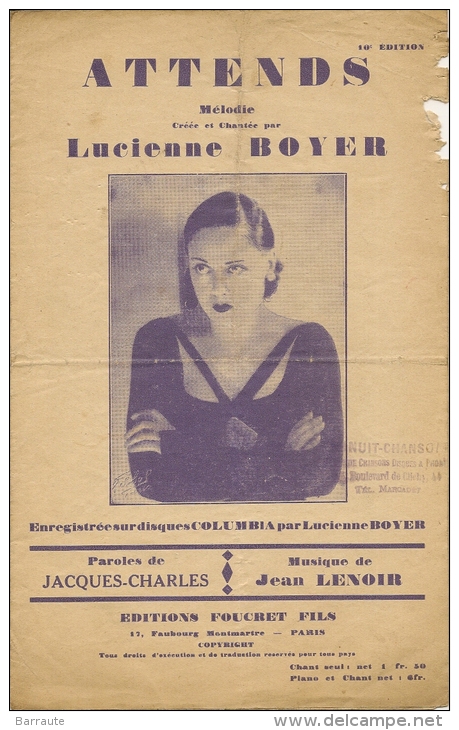 Partition Affichette 1926 ATTENDS Créée Par Lucienne BOYER Musique De Jean LENOIR Paroile Jacques CHARLES. - Compositeurs De Musique De Film