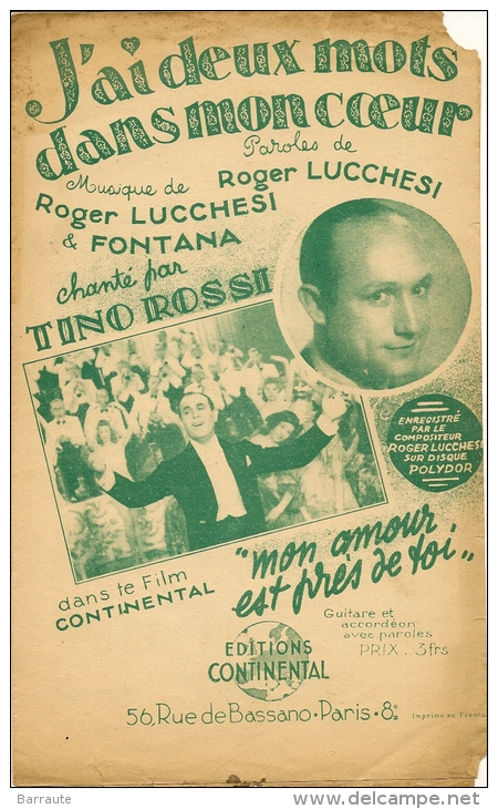 Partition Affichette 1953 J'AI DEUX MOTS DANS MON COEUR Tino ROSSI  Du Film Mon Amour Est Pres De Toi - Compositori Di Musica Di Cinema