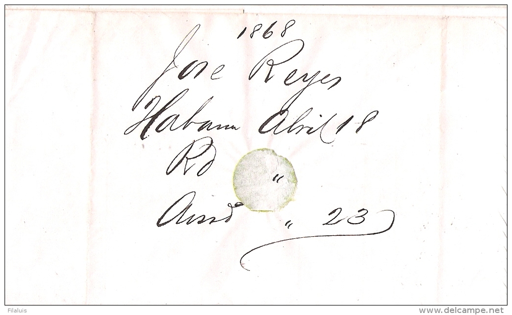 01825 Prefilatelia Habana A Nueva York Con Marca STEAM SHIP 10 Circulada 1868 - Prephilately