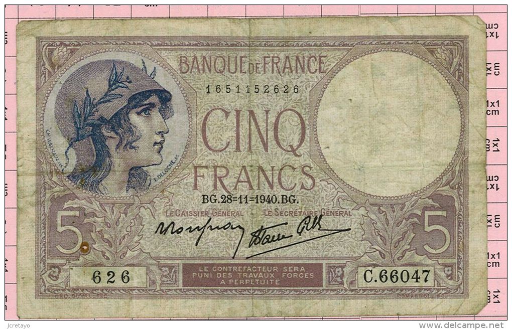 5 Francs Violet, Ref Fayette 4-15 TTB - 5 F 1917-1940 ''Violet''