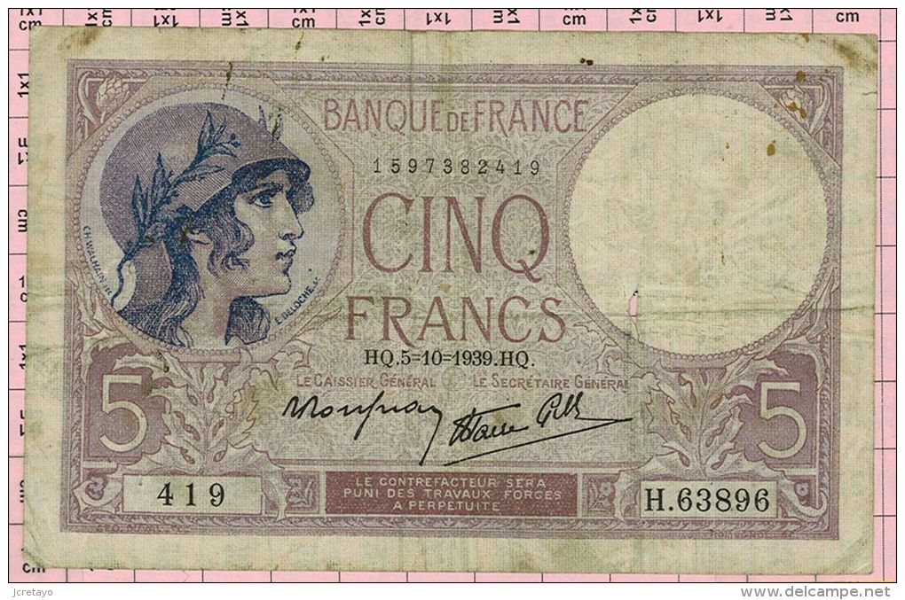 5 Francs Violet, Ref Fayette 4-11 TB - 5 F 1917-1940 ''Violet''