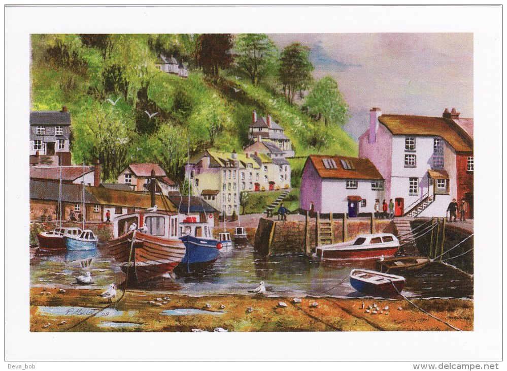 Maritime Art Postcard Cornish Harbour Miller Watercolour Painting Sailing Boat - Visvangst