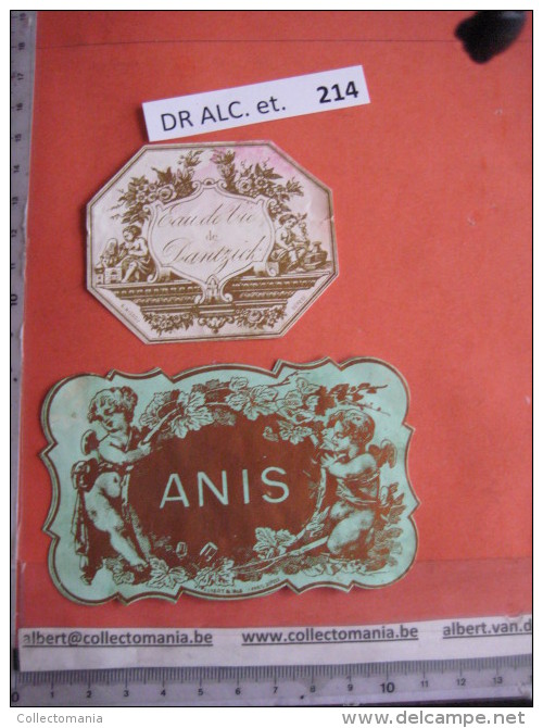 2 XIX Ième Etiques  - ANIS , 2 ANGES   - IMPRIMERIE  ROMAIN &amp; PALYART -  EAU DE VIE DE DANZIG IMPR. NISSOU - Bladeren