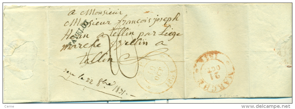 Belgique - Précurseur Stavelot Vers Tellin Du 17/10/1831, Griffe "STAVELOT", Port 20, Cachet à Date SPA (H7), Superbe - 1830-1849 (Belgique Indépendante)
